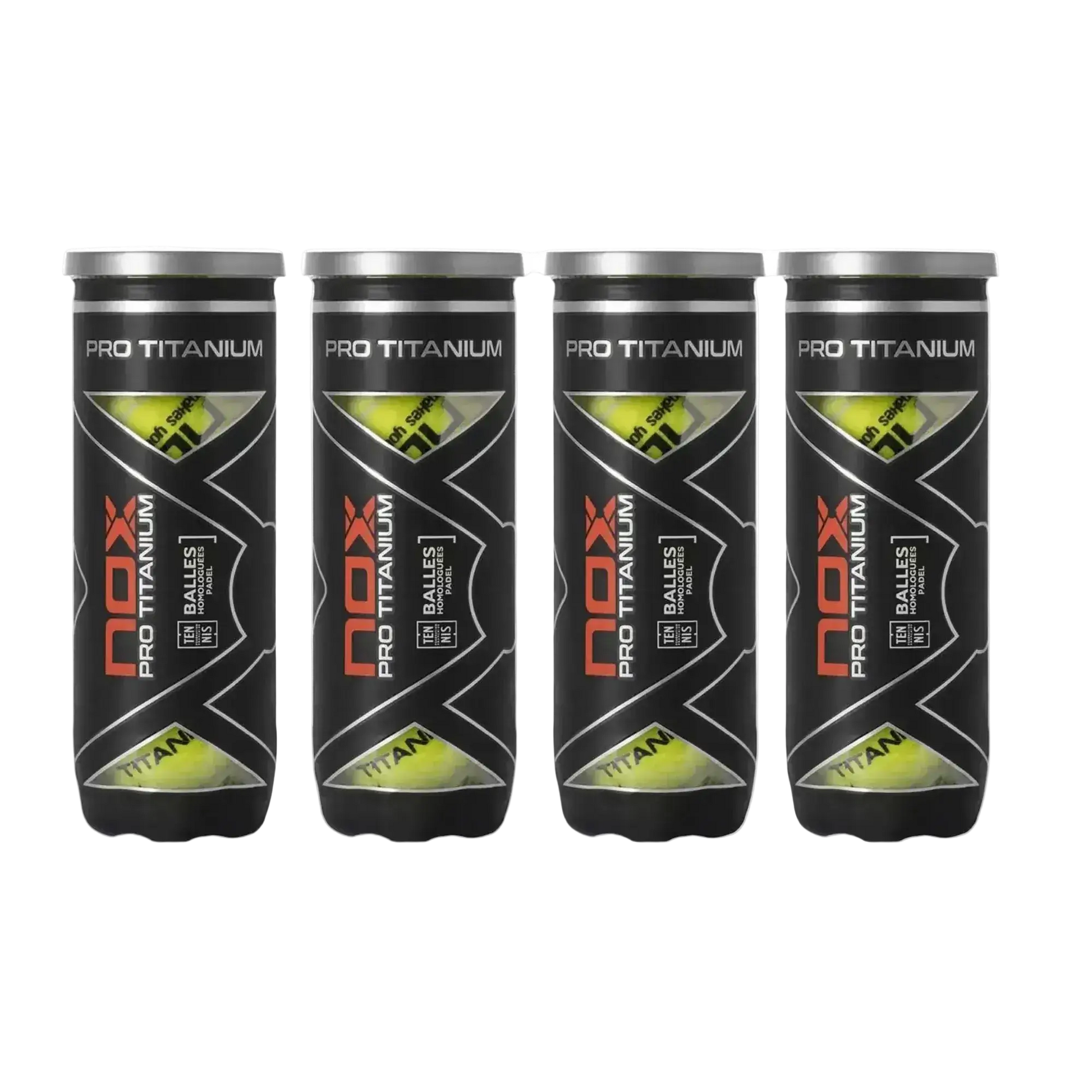 NOX Pro Titanium padel balls 4 tubes front view with branding and pressurised balls inside, designed for intermediate players