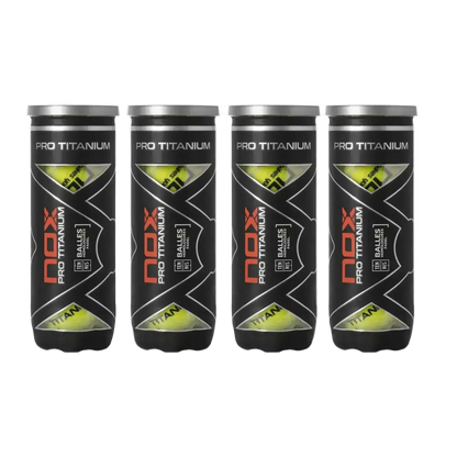 NOX Pro Titanium padel balls 4 tubes front view with branding and pressurised balls inside, designed for intermediate players
