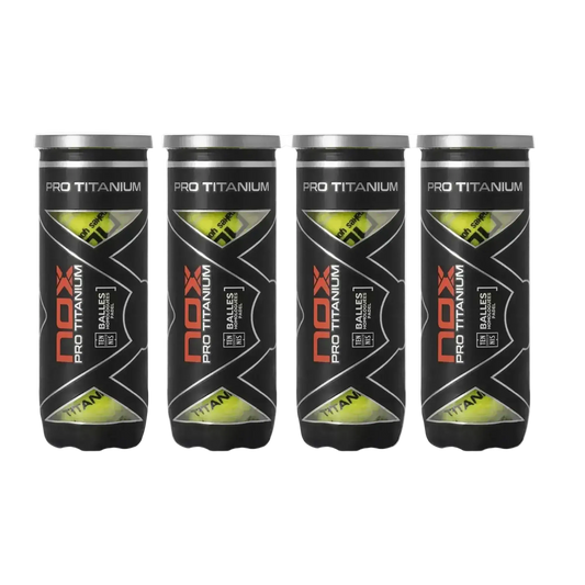 NOX Pro Titanium padel balls 4 tubes front view with branding and pressurised balls inside, designed for intermediate players