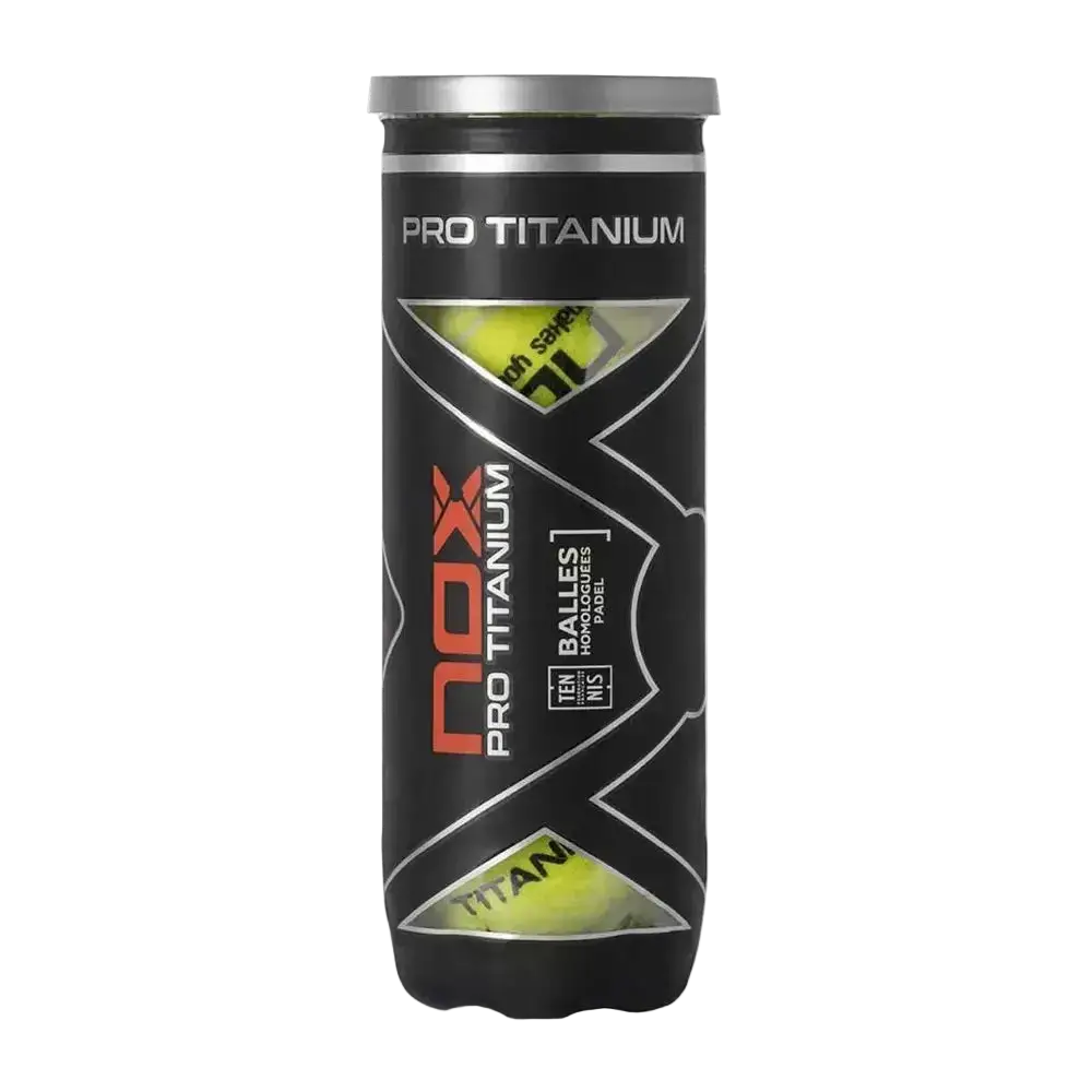 NOX Pro Titanium padel balls tube front view with branding and pressurised balls inside, designed for intermediate players