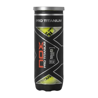 NOX Pro Titanium padel balls tube front view with branding and pressurised balls inside, designed for intermediate players