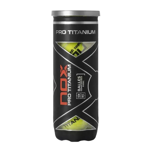 NOX Pro Titanium padel balls tube front view with branding and pressurised balls inside, designed for intermediate players