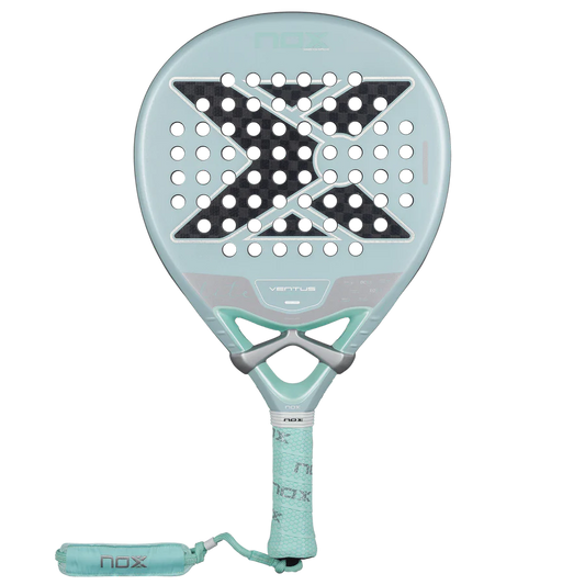 Front view of the mint green Nox Ventus Hybrid 12K Lite padel racket with perforated face, designed for intermediate players.