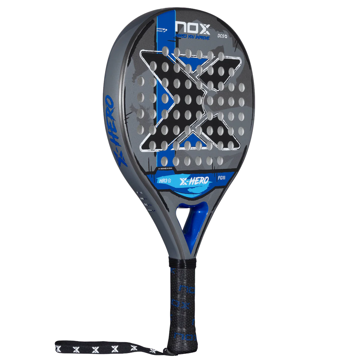 Nox X Hero Blue padel racket angled view showing round shape and full design, designed for beginner players