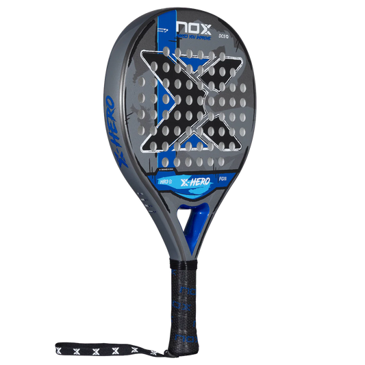 Nox X Hero Blue padel racket angled view showing round shape and full design, designed for beginner players