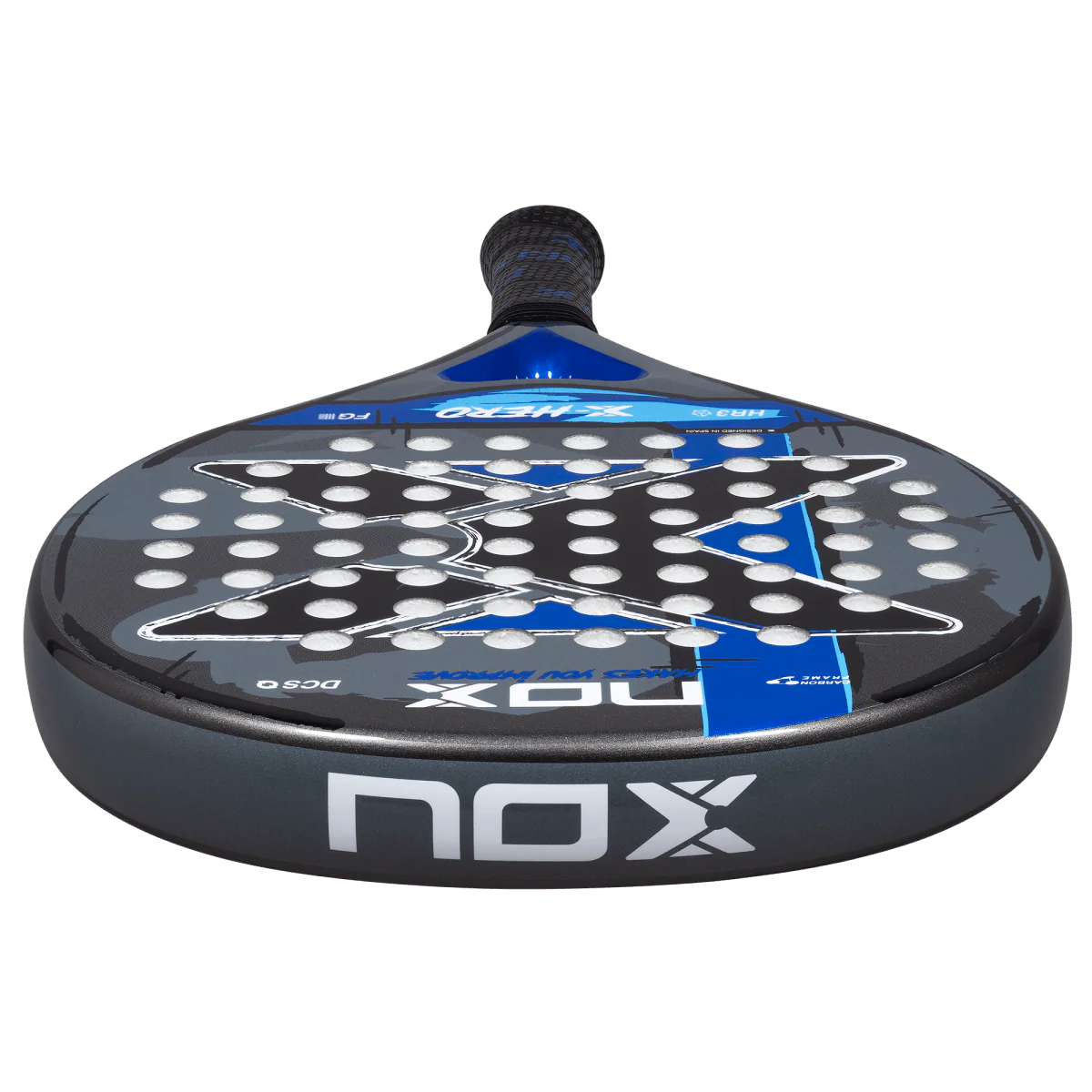 Nox X Hero Blue padel racket bottom profile view showing frame thickness and edge design, designed for beginner players