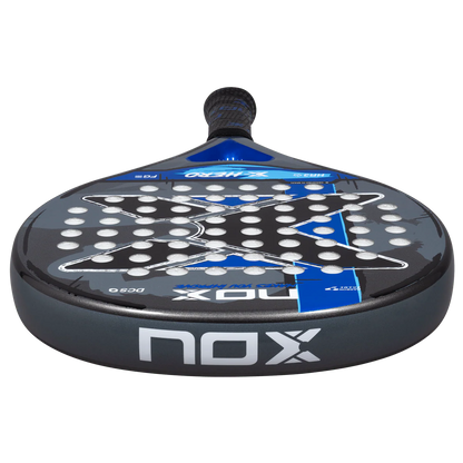 Nox X Hero Blue padel racket bottom profile view showing frame thickness and edge design, designed for beginner players