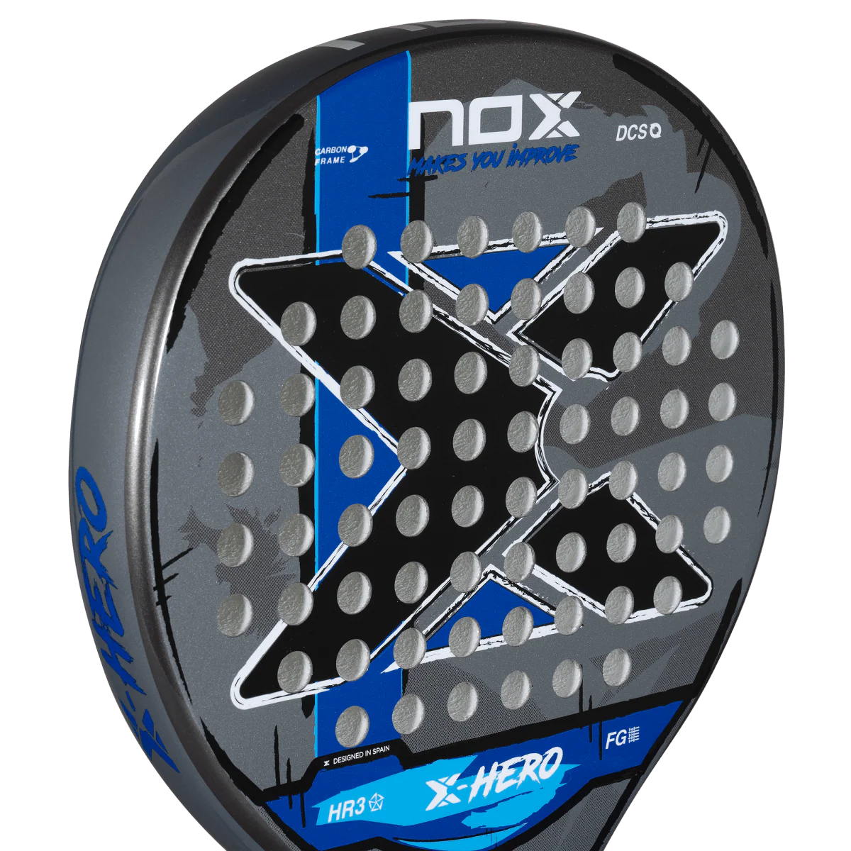 Nox X Hero Blue padel racket face close up showing surface texture and hole pattern, designed for beginner players