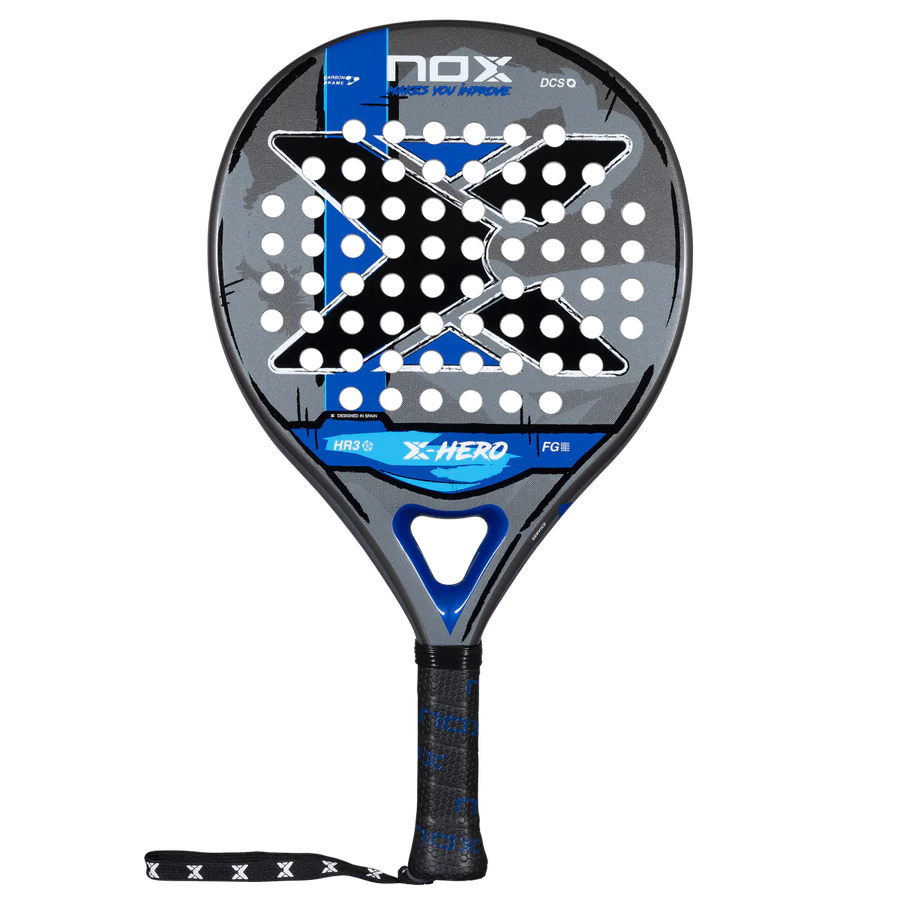 Nox X Hero Blue padel racket front view showing round head shape and large sweet spot, designed for beginner players
