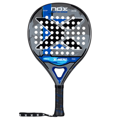 Nox X Hero Blue padel racket front view showing round head shape and large sweet spot, designed for beginner players