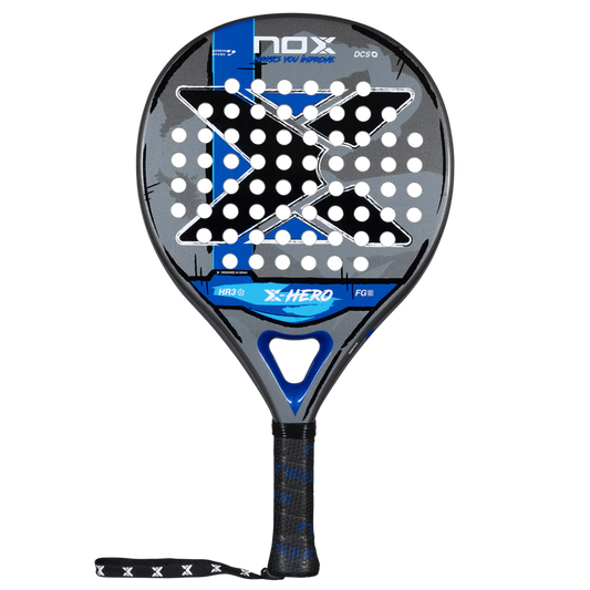 Nox X Hero Blue padel racket front view showing round head shape and large sweet spot, designed for beginner players