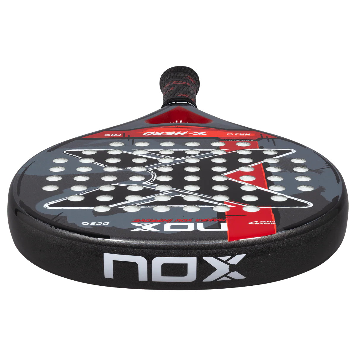 Nox X Hero Red padel racket bottom profile view showing frame thickness and edge design, designed for beginner players