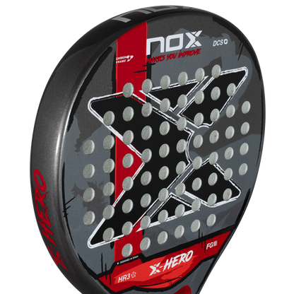 Nox X Hero Red padel racket face close up showing surface texture and hole pattern, designed for beginner players