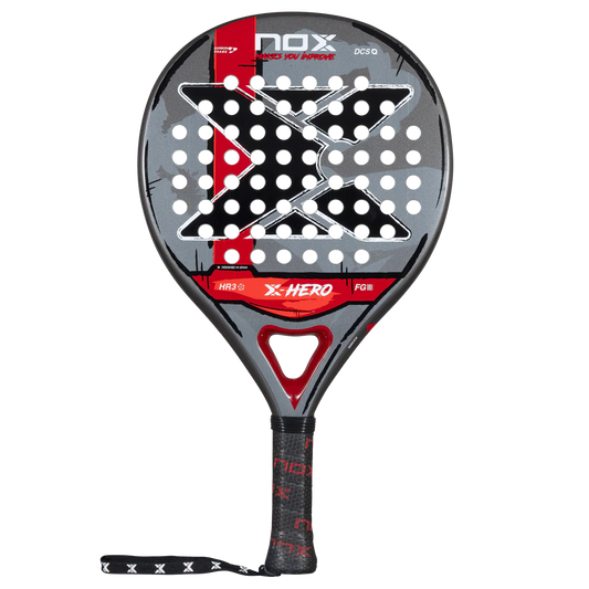 Nox X Hero Red padel racket front view showing round head shape and large sweet spot, designed for beginner players