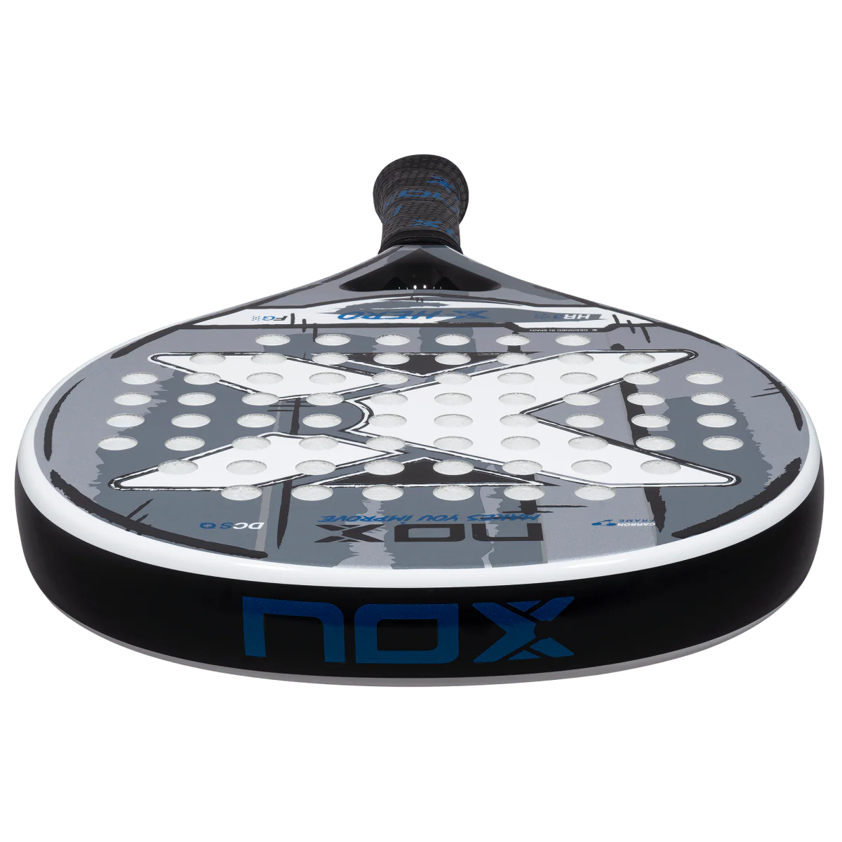 Nox X Hero White padel racket bottom profile view showing frame thickness and edge design, designed for beginner players