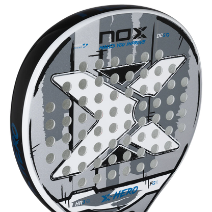 Nox X Hero White padel racket face close up showing surface texture and hole pattern, designed for beginner players
