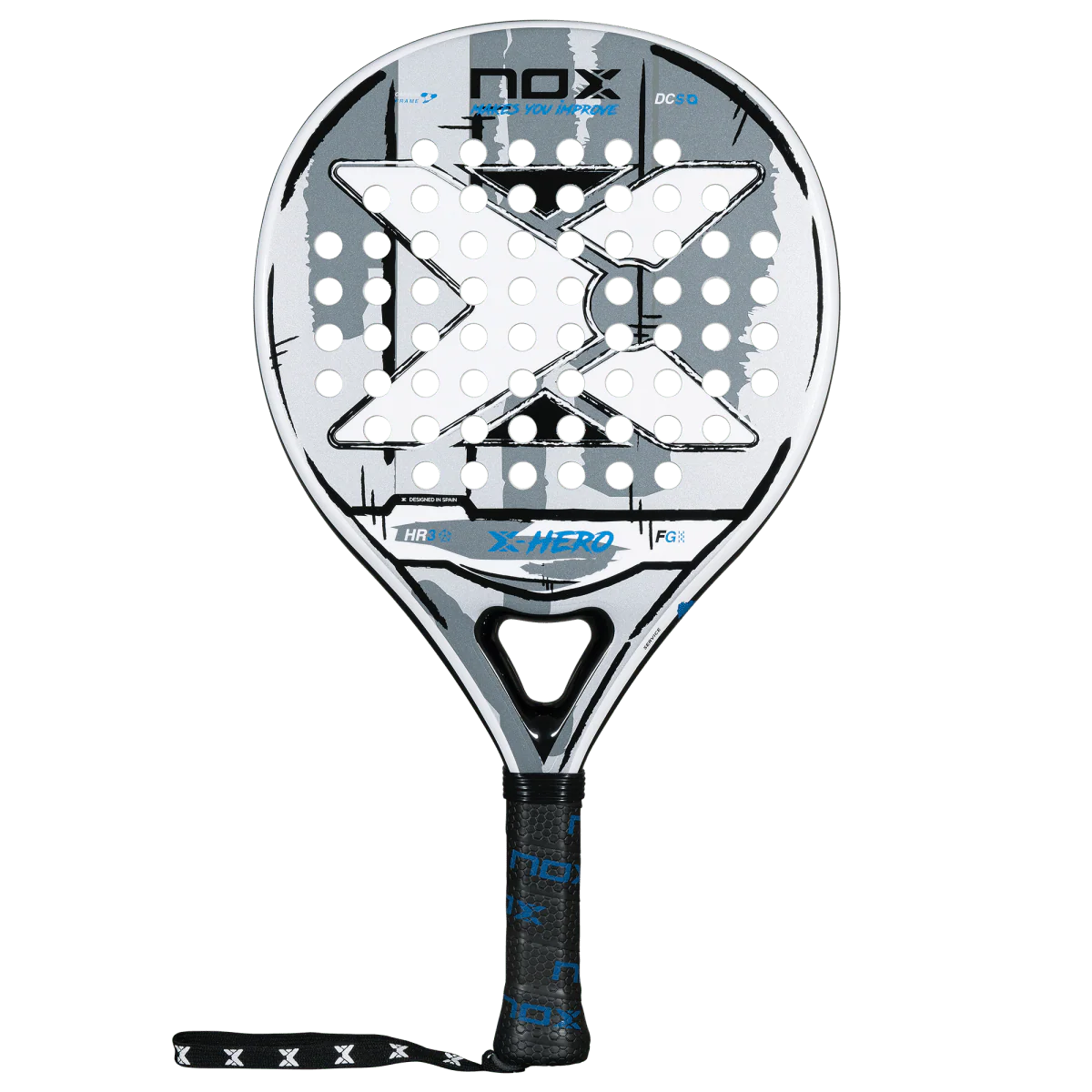 Nox X Hero White padel racket front view showing round head shape and large sweet spot, for beginner players
