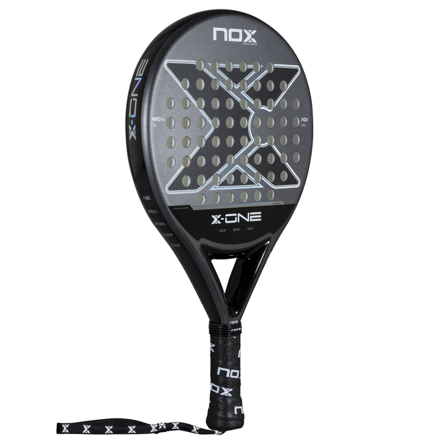 Nox X-One 2026 padel racket angled view showing full racket shape and wrist strap, designed for beginner players