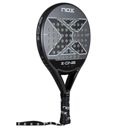 Nox X-One 2026 padel racket angled view showing full racket shape and wrist strap, designed for beginner players