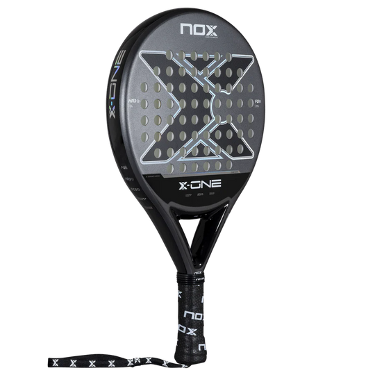 Nox X-One 2026 padel racket angled view showing full racket shape and wrist strap, designed for beginner players