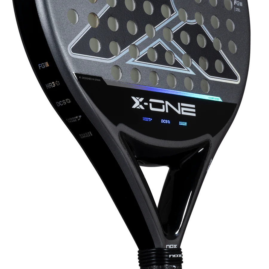 Nox X-One 2026 padel racket bridge close up showing X-One branding and black frame design, designed for beginner players