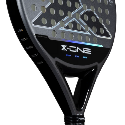 Nox X-One 2026 padel racket bridge close up showing X-One branding and black frame design, designed for beginner players