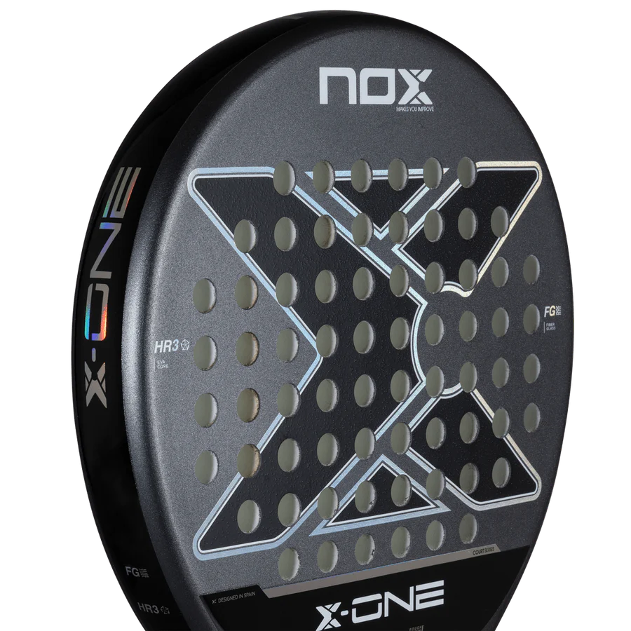 Nox X-One 2026 padel racket face close up showing textured surface and hole pattern, designed for beginner players