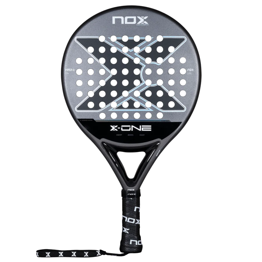 Nox X-One 2026 padel racket front view showing round shape and hole pattern, designed for beginner players