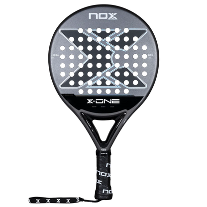 Nox X-One 2026 padel racket front view showing round shape and hole pattern, designed for beginner players