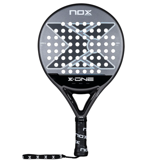 Nox X-One 2026 padel racket front view showing round shape and hole pattern, designed for beginner players