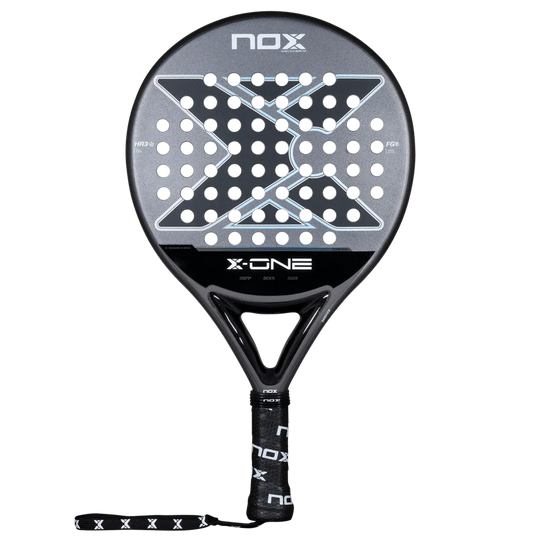 Nox X-One 2026 padel racket front view showing round shape and hole pattern, designed for beginner players