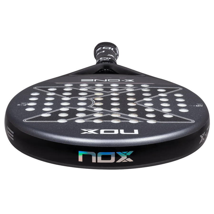 Nox X-One 2026 padel racket low front edge view showing frame thickness and face surface, designed for beginner players