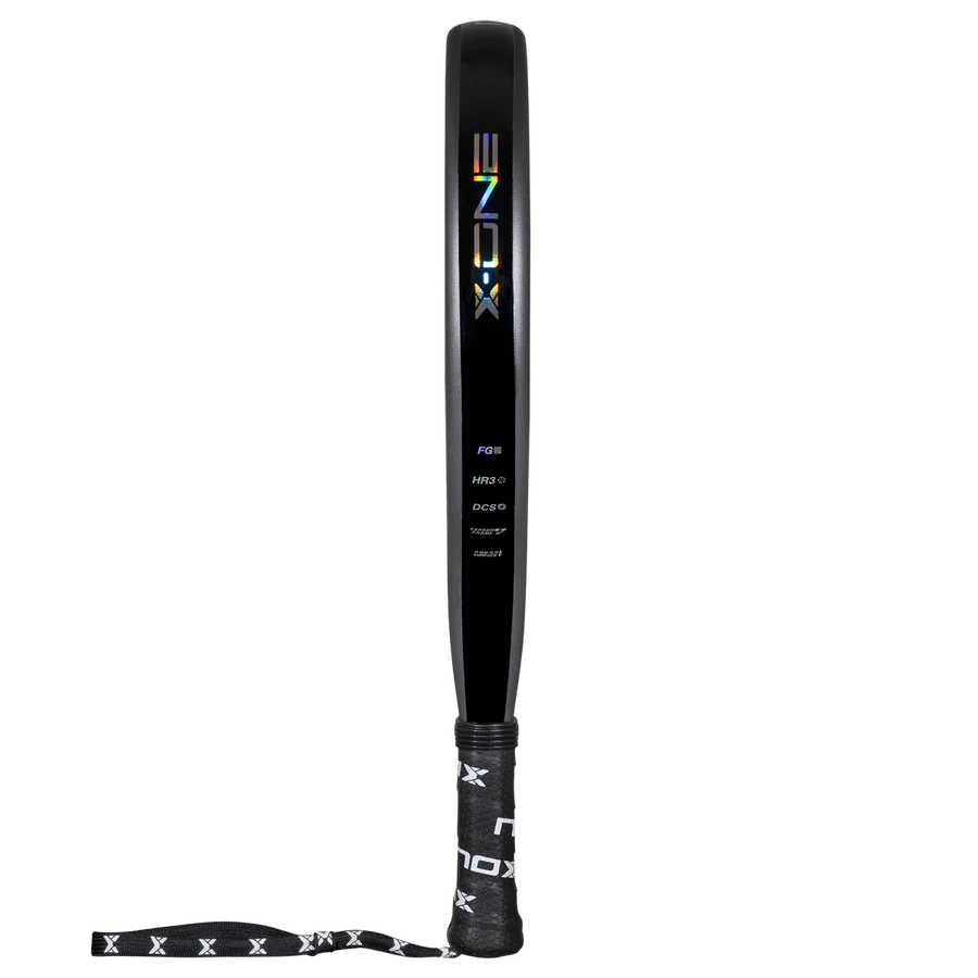 Nox X-One 2026 padel racket side profile showing black frame and grip, designed for beginner players