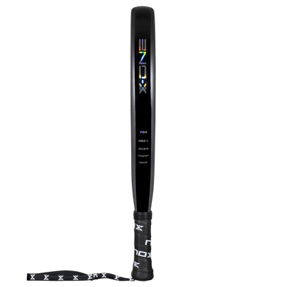 Nox X-One 2026 padel racket side profile showing black frame and grip, designed for beginner players