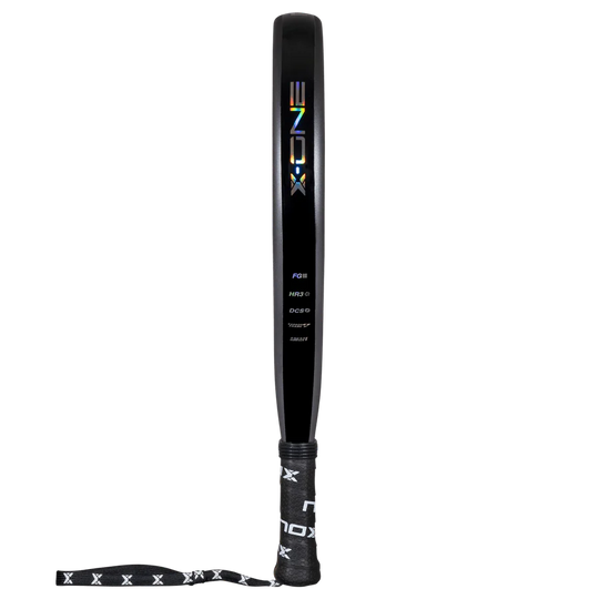 Nox X-One 2026 padel racket side profile showing black frame and grip, designed for beginner players