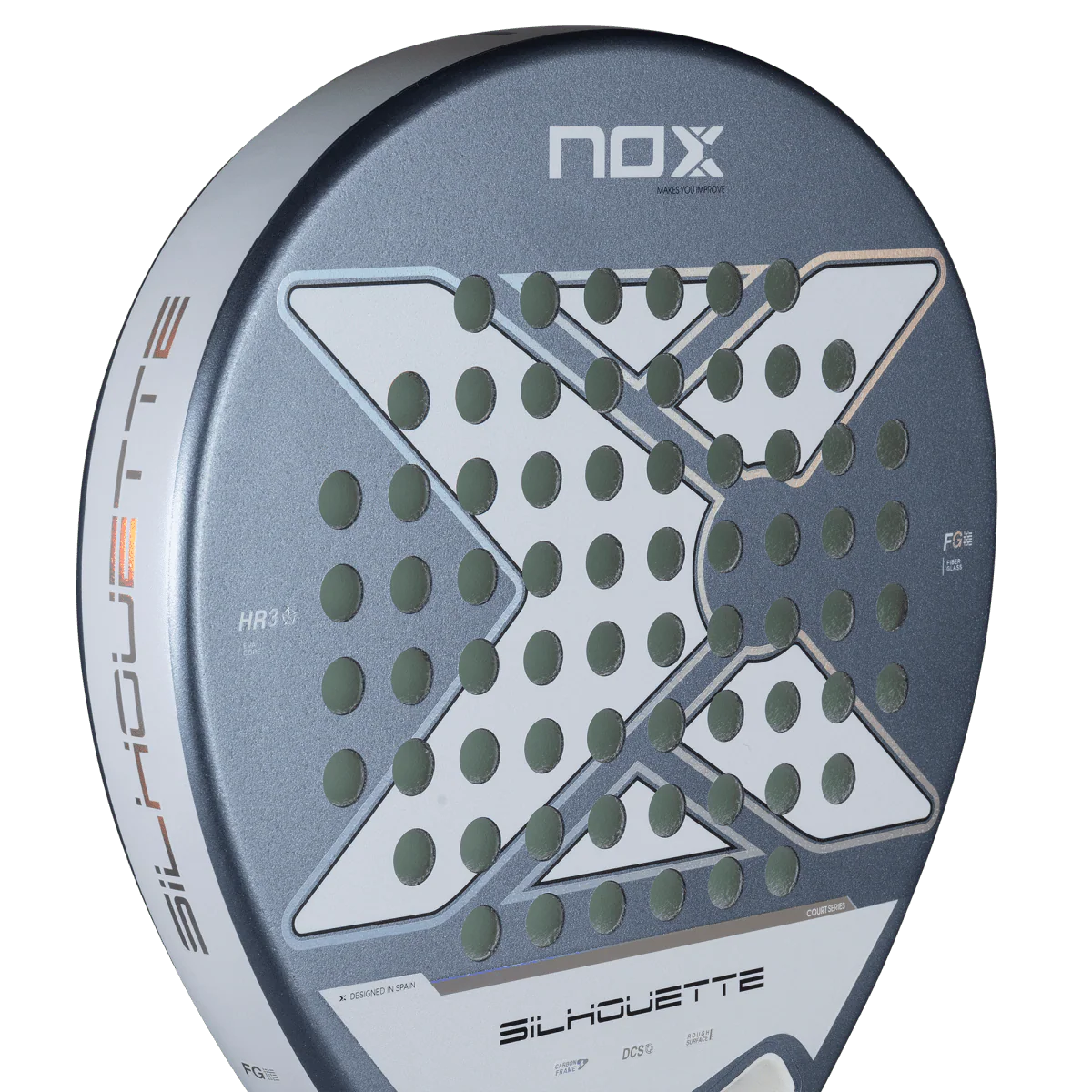 Nox X-ONE Silhouette 2026 padel racket face close up showing round shape and hole pattern, designed for lightweight play