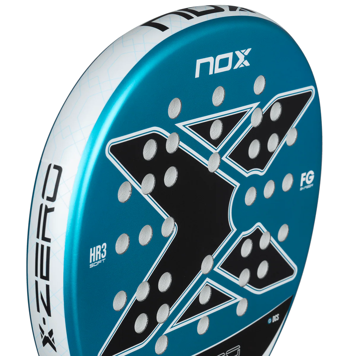 Nox X-Zero Blue 26 padel tennis racket for beginners, close-up side detail showing blue X graphic and NOX logo on transparent background