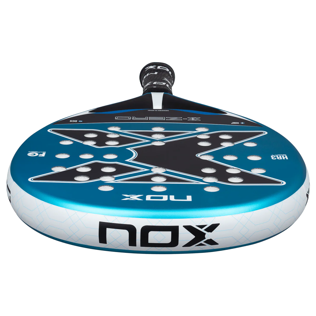 Nox X-Zero Blue 26 padel tennis racket for beginners, close-up low angle showing blue X design and NOX branding on transparent background