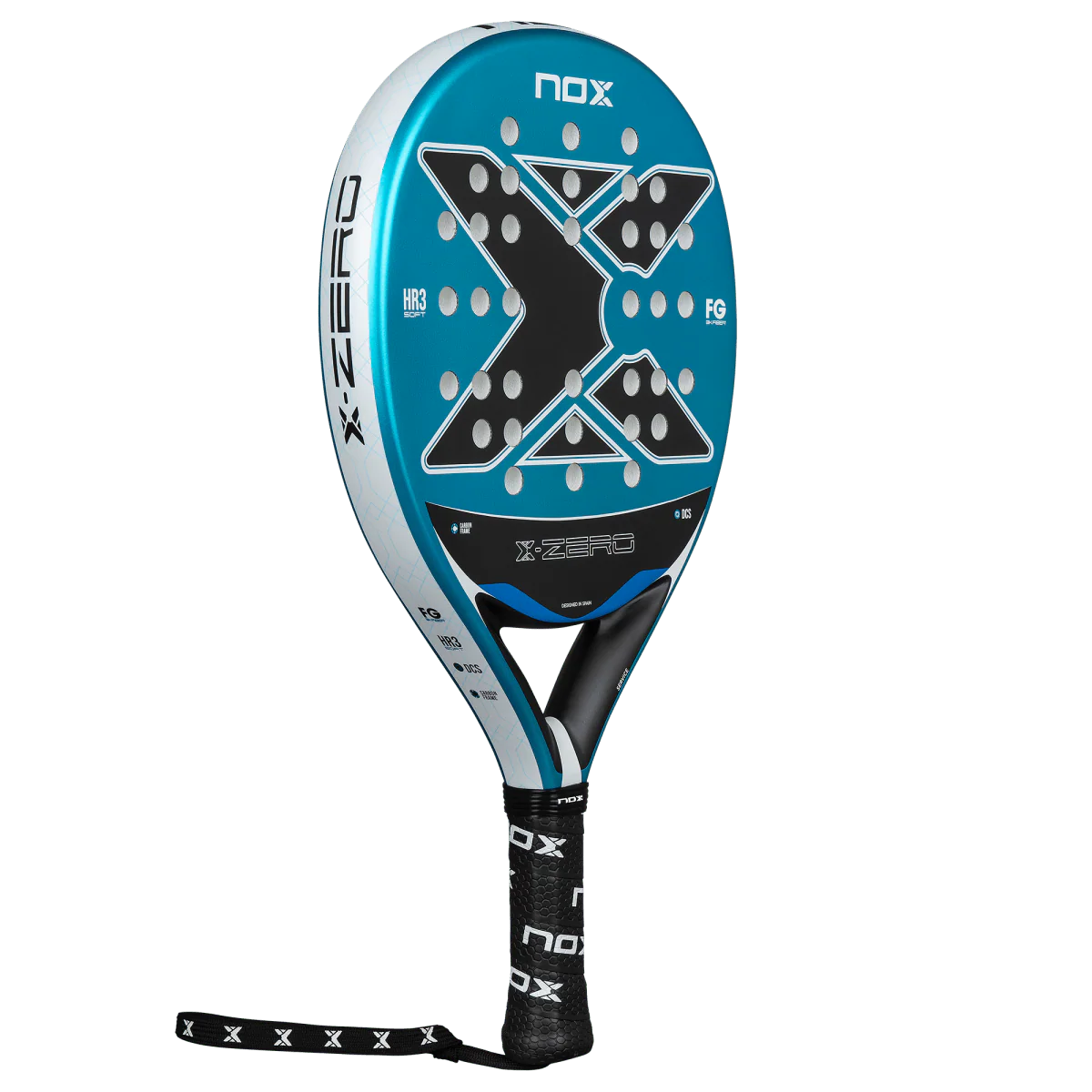 Nox X-Zero Blue 26 padel tennis racket for beginners, blue and black design with X graphic shown in alternate side angle on transparent background