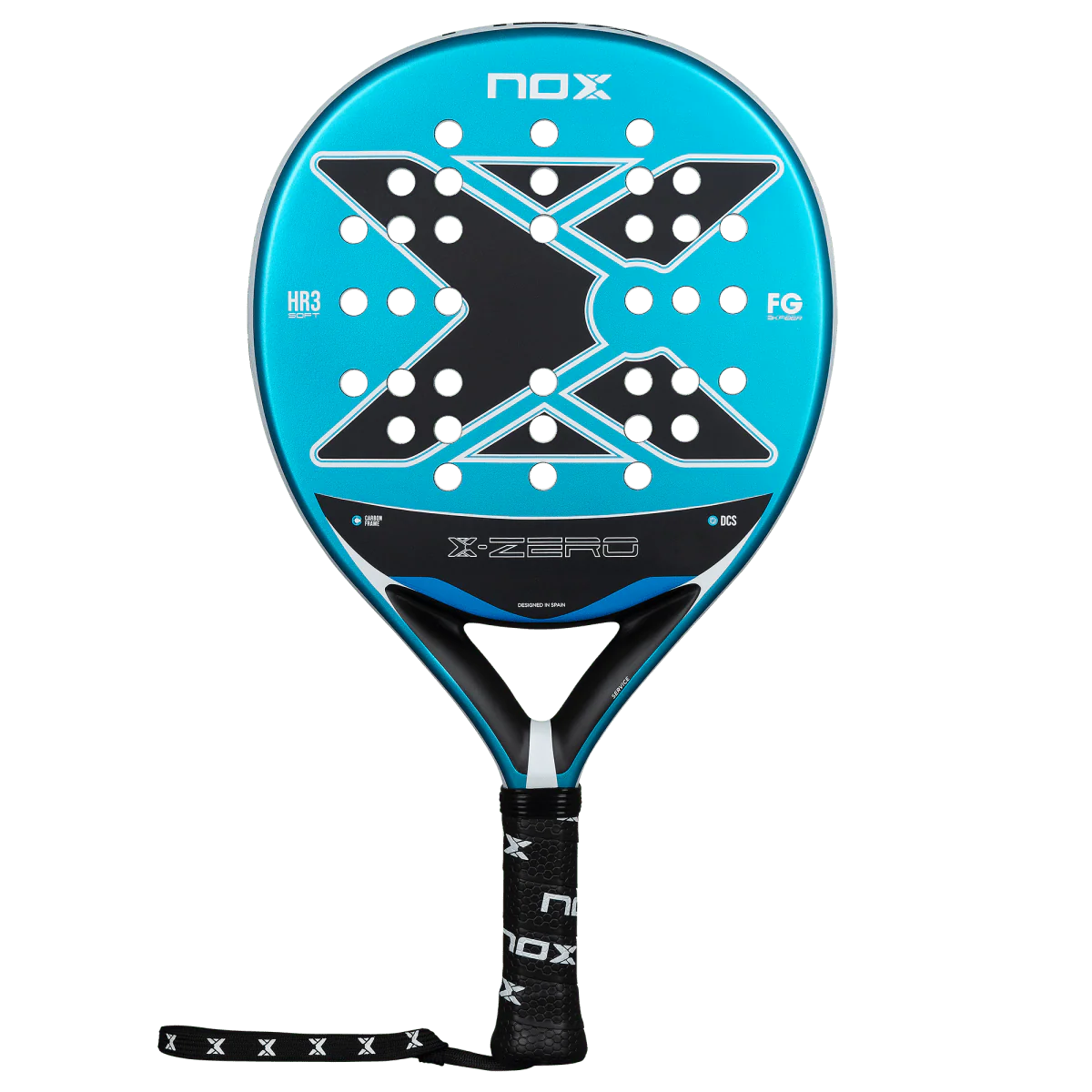 Nox X-Zero Blue 26 padel tennis racket for beginners, blue and black design with large X pattern on transparent background – front view