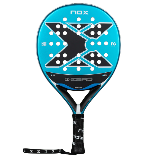 Nox X-Zero Blue 26 padel tennis racket for beginners, blue and black design with large X pattern on transparent background – front view