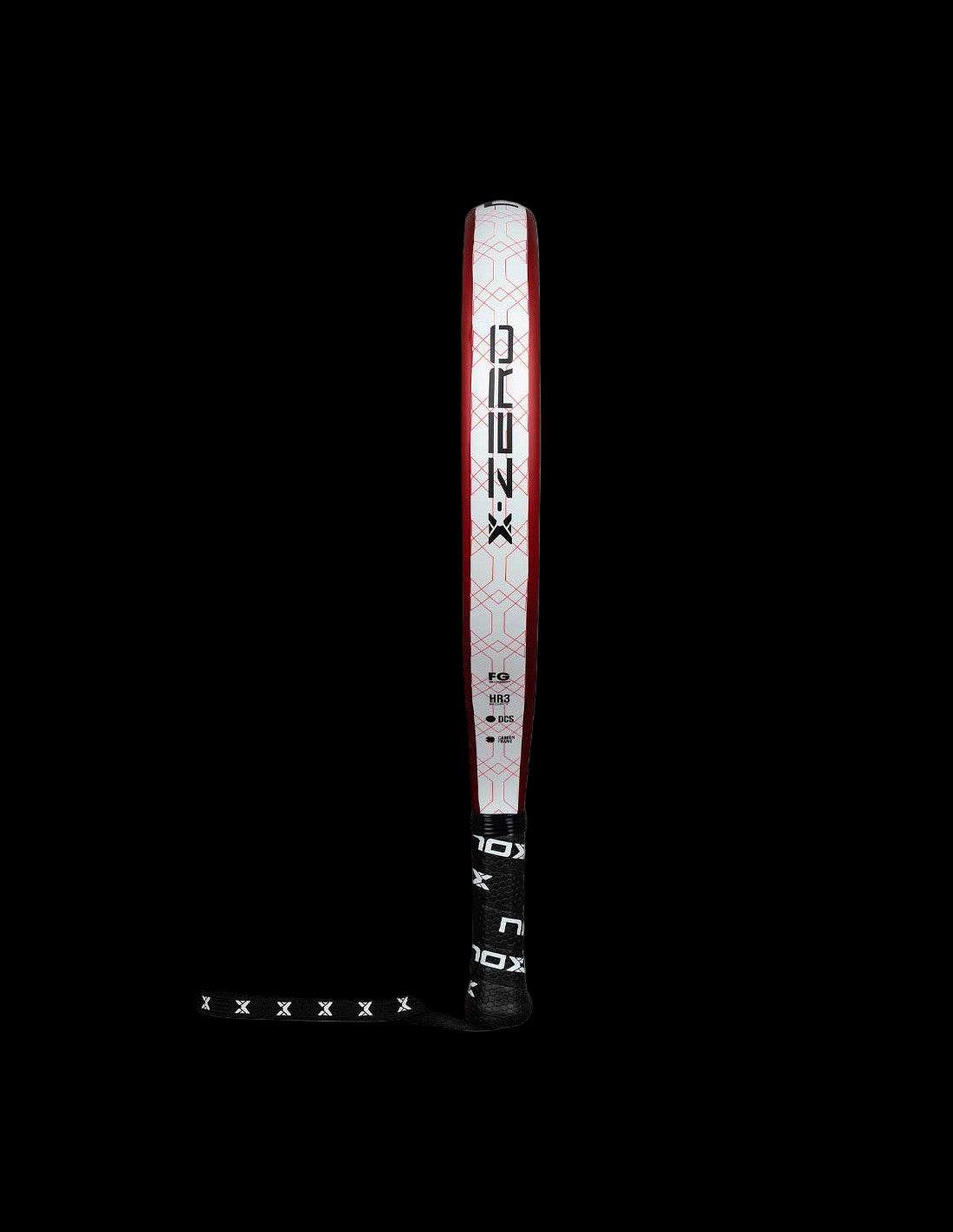 Side view of the Nox X-Zero Red 26 padel racket showing white frame with red design and black grip, designed for beginner players.