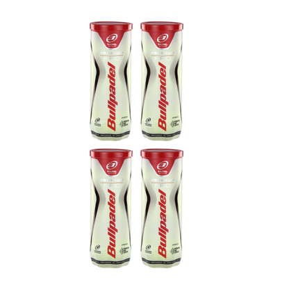 Four cans of Bullpadel Premium Pro padel tennis balls, 12 balls in total. front view of all four cans stacked in pairs of two