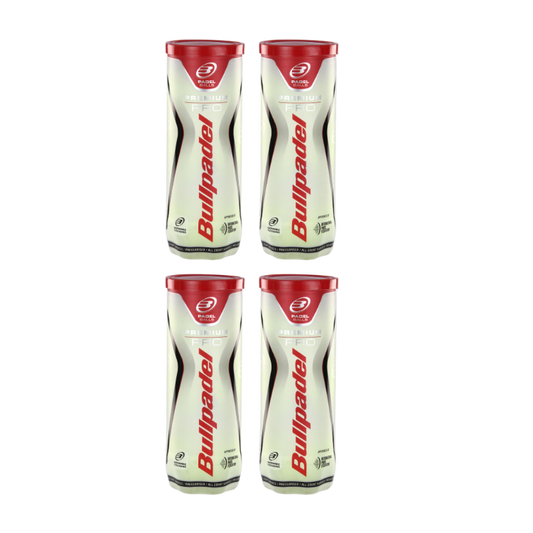 Four cans of Bullpadel Premium Pro padel tennis balls, 12 balls in total. front view of all four cans stacked in pairs of two