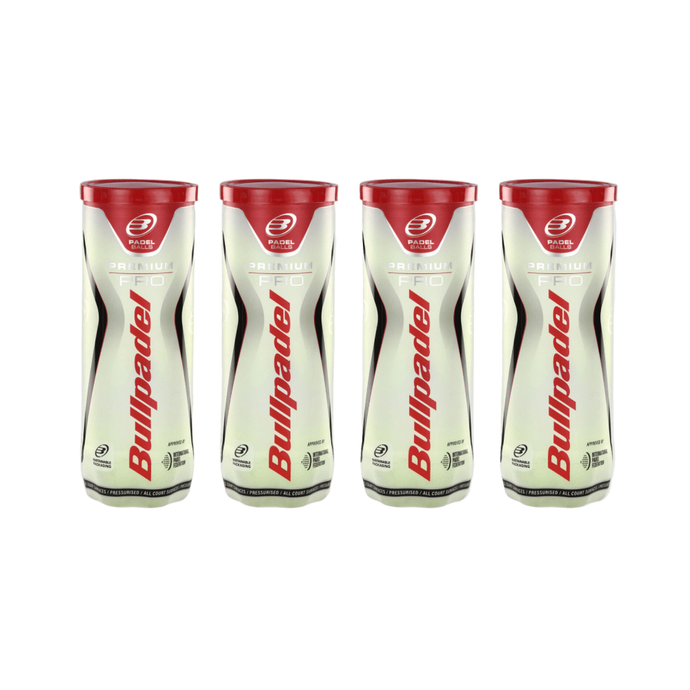 Four cans of Bullpadel Premium Pro padel tennis balls, 12 balls in total. front view of all four cans