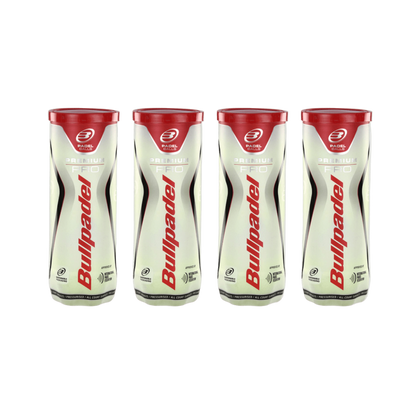 Four cans of Bullpadel Premium Pro padel tennis balls, 12 balls in total. front view of all four cans