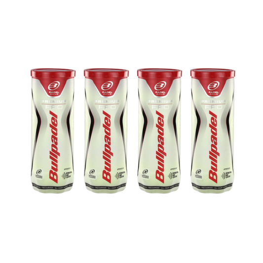 Four cans of Bullpadel Premium Pro padel tennis balls, 12 balls in total. front view of all four cans