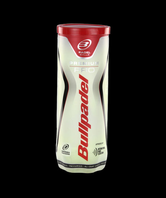 One single can of Bullpadel Premium Pro padel tennis balls, three balls in total. front view
