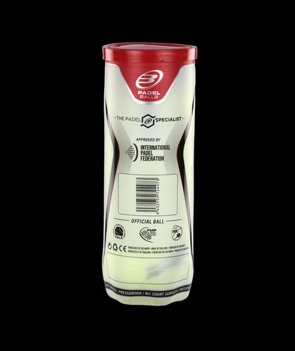 One single can of Bullpadel Premium Pro padel tennis balls, 3 balls in total. rear view of one can