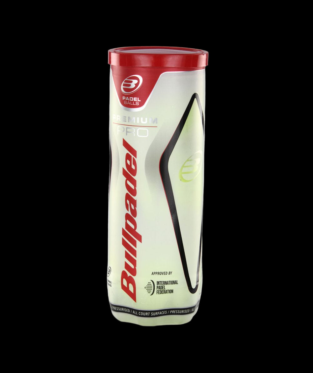 One single can of Bullpadel Premium Pro padel tennis balls, 3 balls in total. side view of one can